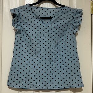 Chic Blue Polka Dot Blouse with Ruffle Sleeves
